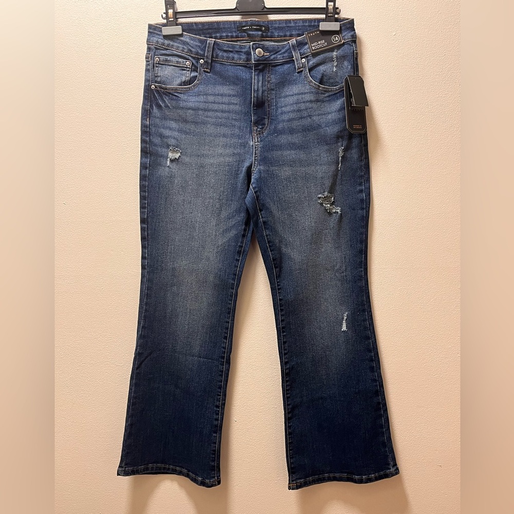 Truth + Theory Mid-Rise Boot Cut Staple Trendy Darker Wash Jeans, W, Sz 14, Blue